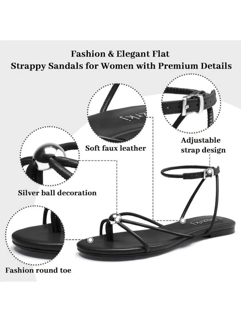 Women's Black Strappy Flat Sandals Open Toe Ankle Strap Thong Summer Shoes